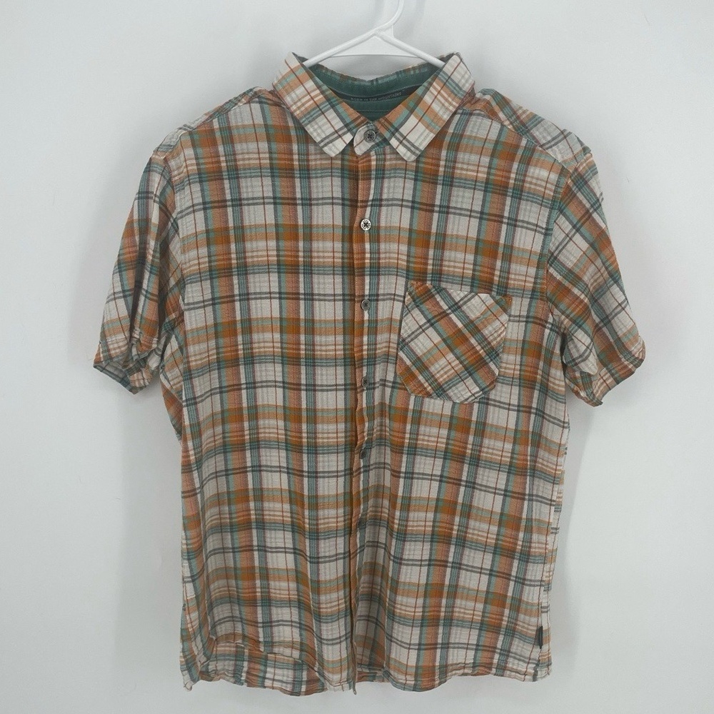 Kuhl Plaid Short Sleeve Button Down Shirt Size M Orange‎ Green Gorpcore Outdoor